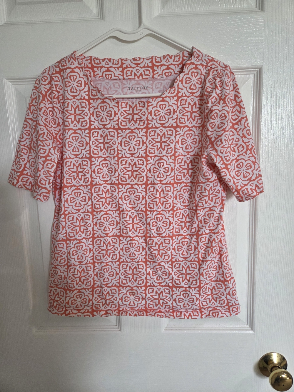 Talbots Pink and White Geometric Short Sleeve Top